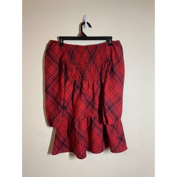 NWT Btween Boho Dress Off Shoulder Long Sleeve Plaid Retro Y2K Red Girls Sz 8 - Picture 1 of 4